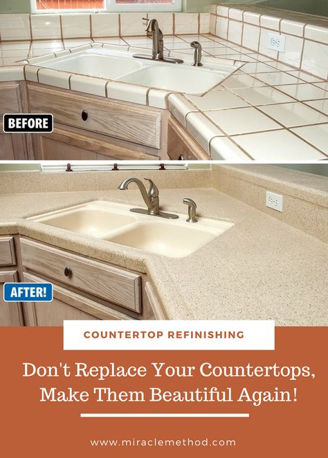 Re-purpose what you already have by refinishing your countertops instead of replacing them. www.miraclemethod.com #refinishing #homeremodeling Makeover Tile Countertops, Updating Tile Countertops Diy, Bathroom Tile Countertops Redo, Painted Ceramic Tile Countertops, How To Replace Tile Countertops, How To Upgrade Tile Countertops, Remodel Tile Countertops, Paint Countertop Tile, Tile For Kitchen Countertops