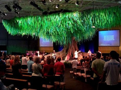 Giant indoor tree. Stage Design. Gateway Baptist Church, Brisbane.: Tree Stage Design, Kids Church Decor, Tree Props, Stage Ideas, Stage Production, Indoor Tree, Il Re Leone, Stage Props, Fabric Tree