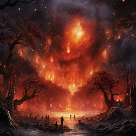 Raging fire consumes the landscape. Fire Fantasy Art, Fire World, Fire Landscape, Fire Kingdom, Magic Fire, Fire Kingdom Aesthetic, Destruction Art, Destruction Aesthetic, Fire Magic Aesthetic