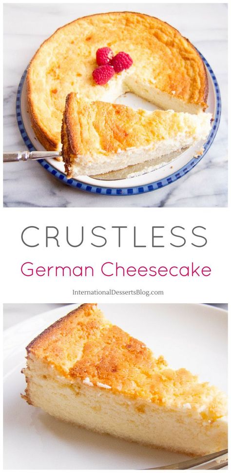 This easy & authentic German Cheesecake is so good! Make it with quark or cottage cheese, no sour cream needed. You can also make it gluten free. Click to get the recipe for this traditional German crustless cheesecake! It's perfect for Christmas! #germandesserts #cheesecake #intldessertsblog Quark Cheesecake, German Food Recipes, Crustless Cheesecake, German Cheesecake, Greek Yogurt Cheesecake, Yogurt Cheesecake, Quark Cheese, Delicious Cheesecake Recipes, International Desserts