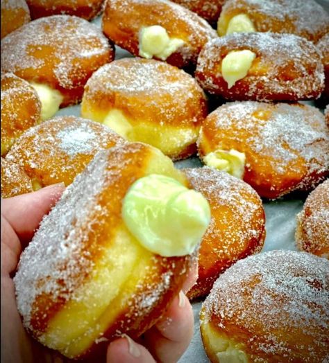 Bomboloni are Italian doughnuts filled with luscious Italian lemon cream. In Italy they are usually eaten at breakfast with coffee and not for dessert! To Breakfast With Coffee, Brunch Cake, Plum Jam, Lemon Cream, Culinary School, Food Test, Pie Dessert, Breakfast Breads, Crockpot Recipes Easy