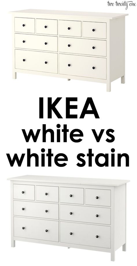 An explanation of the difference between IKEA white and white stain finishes! Great info to know! Hauga Ikea Changing Table, Hemnes Dresser Changing Table, White Hemnes Dresser, Ikea Hemnes Dresser Nursery Organization, Ikea Hemnes Dresser Gray, Hemnes 3 Drawer Dresser Nursery, Hemnes Bedroom, Ikea Hemnes Dresser, Hemnes Dresser