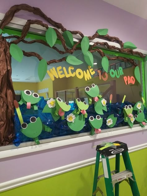 Princess And The Frog Classroom Theme, Frog Classroom Theme Preschool, Frog Theme Bulletin Board Ideas, Frog Theme Preschool Classroom Decor, Frog Classroom Door, Frog And Toad Classroom Theme, Frog Door Decs, Frog Classroom Theme, Frog Classroom Decorations