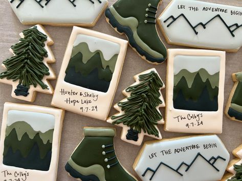 Let the adventure begin 🤍 Mountain Cookies, Cookies Wedding, Let The Adventure Begin, Wedding Cookies, And So The Adventure Begins, Mountain Wedding, Cookie Decorating, Sugar Cookies, Turning