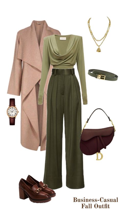 Dark Green Trousers Outfit, Green Blouse Outfit, Chocolate Accessories, Green Trousers Outfit, Olive Green Outfit, Fall Office Outfits, Olive Clothing, Olive Green Blouse, Palazzo Trousers