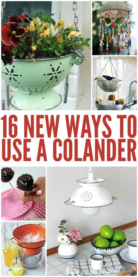 16 New Ways to Use a Colander Metal Colander Ideas, Kitchen Strainer Crafts, Collander Lights, Vintage Colander Ideas, Colander Decor, Strainer Crafts, Colander Light, Trailer Conversion, Diy Recycled Projects