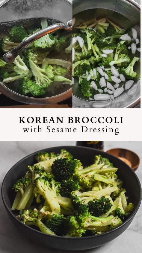 An easy and delicious way to eat your vegetables: Korean Broccoli Side Dish. Steamed broccoli is simply dressed with a sesame garlic dressing. A light side dish that tastes good with everything! Korean Broccoli Side Dish, Broccoli Side Dish Recipes, Sesame Garlic Dressing, Korean Broccoli, Broccoli Health Benefits, Broccoli Recipes Side Dish, Light Side Dishes, Broccoli Side Dish, Eat Your Vegetables