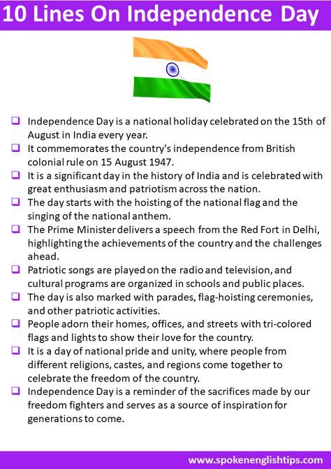 In this post, I gonna share with you 10 Lines On Independence Day For Class 3. ... Continue reading... Independence Day Speech For Kids, Lines On Independence Day, Essay On Independence Day, Birthday Wishes In English, Independence Day Speech, English Conversation Practice, 15 August Independence Day, Indian Independence Day, Best Pov