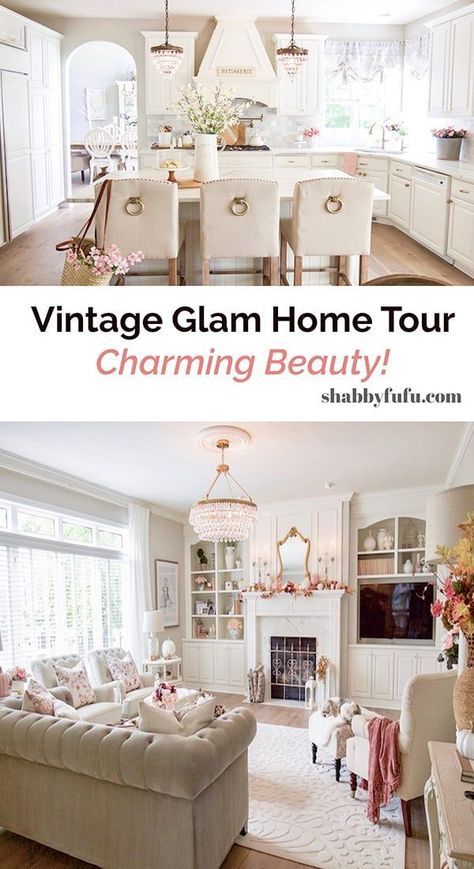 A beautiful vintage glam home tour, set in Minnesota. There is so much to see in this home including a mix of vintage glam, farmhouse chic and more! #vintageglam #farmhousechic #paintedfurniture #frenchchandeliers #frenchfurniture #sff225 Vintage Glam Home, Vintage Glam Living Room, Farmhouse Style Lighting, Farmhouse Glam, Glam Living, Glam Living Room, Rustic Glam, Glam Decor, Vintage Glam