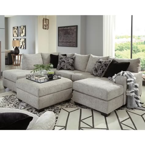 Signature Design by Ashley Megginson 3-Piece Right Facing Curved Sectional with Sofa Chaise in Storm | Nebraska Furniture Mart Trending Sofa Designs, Sectional Sofa Layout, U Couch, Sectional Living Room Layout, Ashley Furniture Living Room, Cozy Modern Farmhouse, 3 Piece Sectional Sofa, Curved Sectional, Sectional Sofa With Chaise