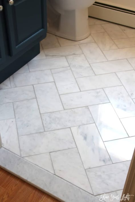 Herringbone Marble Tile Floor, Bilik Air, Marble Tile Floor, Herringbone Tile, Bathroom Floor Tiles, Bathroom Redo, Marble Bathroom, Tile Flooring, Marble Tile