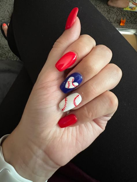 Philly Baseball Nails, Astro Nails Baseball, Cubs Nails Baseball, Baseball Inspired Nails, Baseball Nail Art Designs, 4th Of July Baseball Nails, Chicago Cubs Nails Designs, Simple Baseball Nails, Red Baseball Nails