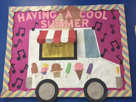 Having a cool summer! Bulletin board ice cream Truck Bulletin Board, Door Bulletin Boards, Bulletin Boards Theme, Work Bulletin Boards, Summer Bulletin Boards, Preschool Bulletin, Library Bulletin Boards, Preschool Bulletin Boards, Summer Preschool