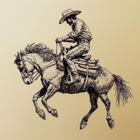 Today's Midjourney Experiment. Prompts: Cowboy riding a bucking bronco, black pen drawing, cross-hatching, stippling, isolated, light tan paper --quality 2 --stylize 0 --v 6.1 Bronco Tattoo, Drawing Cross, Bronco Black, Cowboy Draw, Cowboy Cross, Black Pen Drawing, Western Artwork, Western Tattoos, Bucking Bronco