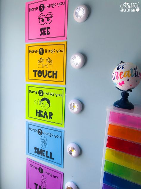 The perfect decoration for a calm down corner in your preschool, elementary or middle school classroom or at home. This grounding exercise is designed to help your elementary and middle school students engage in relaxation techniques with the help of tap lights! These interactive printables teach kids to develop coping strategies and successfully return to the classroom lesson. Multiple sizes and color options can accommodate your unique classroom decor needs and speech therapy room decor. Therapy Room Ideas, Pediatric Speech Therapy, Speech Therapy Room Decor, Therapy Room Decor, Speech Therapy Room, Calm Room, Calming Room, Grounding Exercises, School Speech Therapy