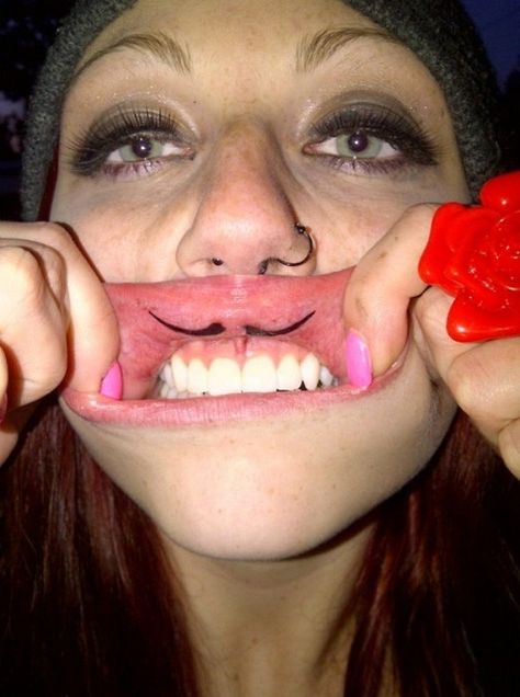 Inner Lip Tattoo, Mustache Tattoo, Funny Lips, Lip Tattoos, Cute Tattoos For Women, Face Tattoos, Matching Tattoo, Funny Tattoos, Symbolic Tattoos