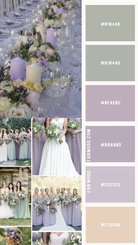 Lavender Wedding Scheme, Light Purple And Green Wedding Theme, Sage Green Lavender Gold Wedding, Lavender Sage Color Palette, Lavender Sage Wedding Color Palettes, Purple And Green Wedding Palette, Light Purple And Sage Green Wedding, Lavender Sage And Cream Wedding, Lilac And Sage Wedding Theme