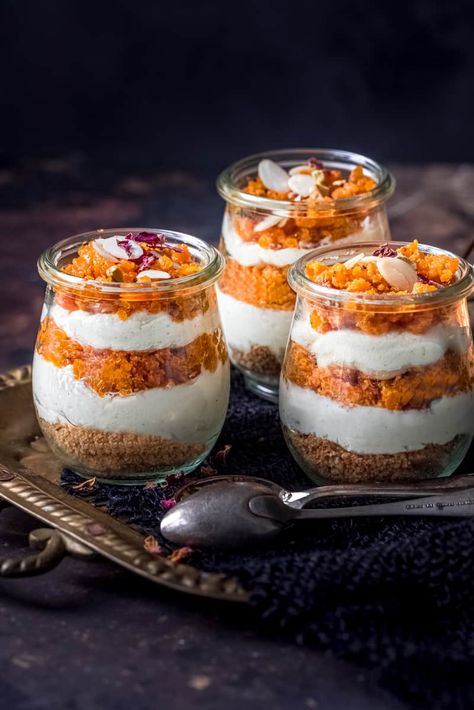 No bake Gajar Halwa Jars are a delicious festive Indian fusion dessert with layers of Indian carrot pudding, cheesecake, and Parle-G crust. Cheesecake Jars, Gajar Halwa, No Bake Cheesecake Filling, Pancake Roll, Carrot Pudding, Carrot Halwa, Pudding Cheesecake, Cheesecake In A Jar, Pistachio Cream