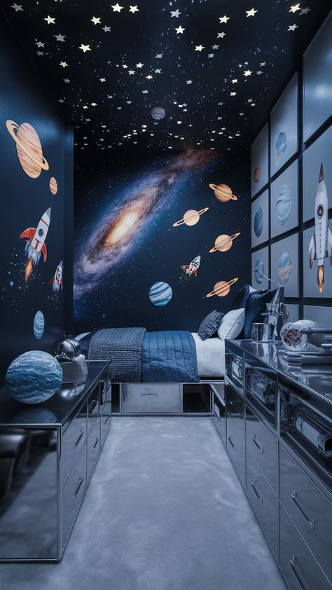 21 Boy Bedroom Ideas: Styles, Furniture, Decor, and Makeover Tips for All Ages Teenage Space Bedroom, Astronomy Interior Design, Space Themed Bedroom Boys, Bedroom Ideas Space, Astronomy Bedroom, Spaceship Artwork, Unique Accent Walls, Dark Green And Light Blue, Outer Space Bedroom Decor