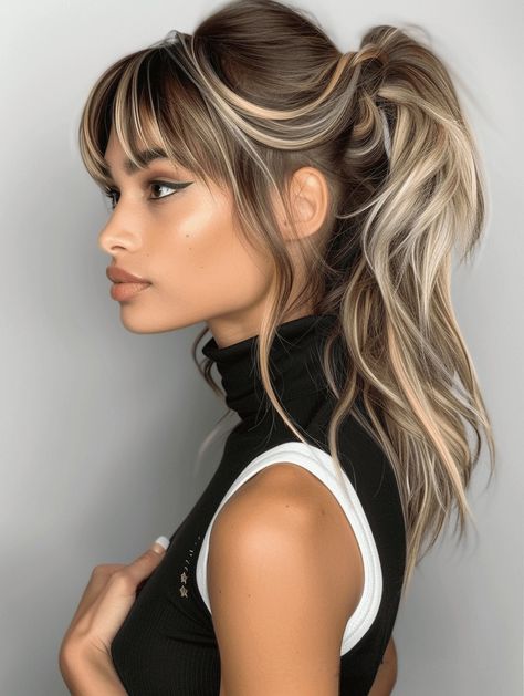 30 Charming Ponytails with Bangs: A 2024 Style Guide Event Hairstyles With Bangs, High Pony With Curtain Bangs, Ponytail With Front Pieces Out, Party Hairstyles With Bangs, Formal Hairstyles With Bangs, Balayage Hair With Bangs, Hairstyles With Bangs Updo, Ponytail Hairstyles With Bangs, Ponytails With Bangs