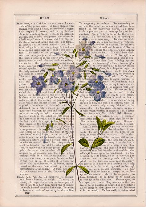 "Book Page Promotion: When you buy three Book page prints or more, we will add a free surprise print!! Blue Linen flowers ilustration printed in a vintage dictionary book from 1890, Royal Dictionary Encyclopaedia. This beautiful upcycled book print is a pretty and affordable way to give your house a brand new fresh look. We print our original designs on upcycled antique book pages to give them a new life, so the pages may show some imperfections, corner bindings, and that golden yellow color tha Paper Sizes Chart, Plants And Gardening, Dictionary Book, Bee Wall Art, Nature Collage, Dictionary Art Print, Dictionary Page, Golden Yellow Color, Book Wall