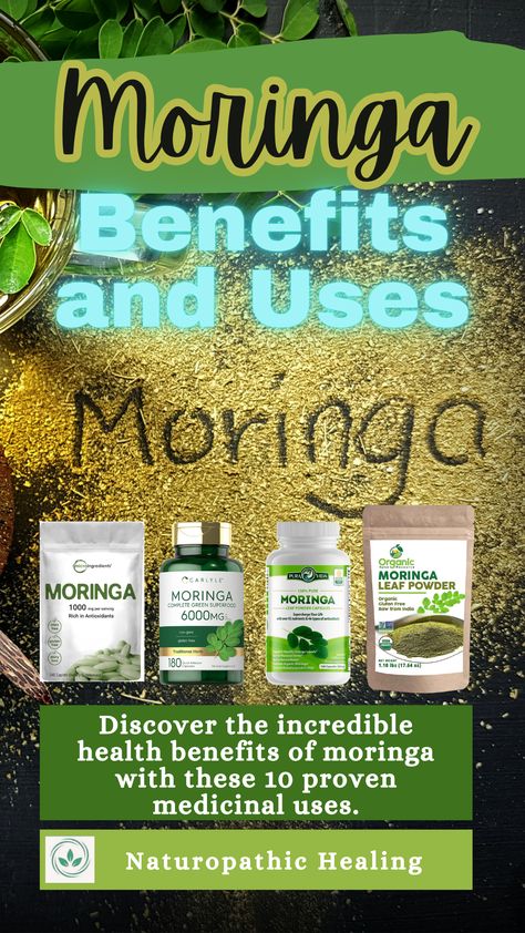 This pin shows different ways to ingest moringa: preparing a smoothie, pills and capsules. The pin title is "Moringa Benefits and Uses" The subtitle is "Discover the incredible ten proven medicinal uses." Visit us to learn more. This pin contains an affiliate product. Moringa Benefits For Women, Health Benefits Of Moringa, Benefits Of Moringa, Moringa Benefits, Organic Smoothies, Moringa Leaf Powder, Moringa Leaves, Moringa Powder, Moringa Oil