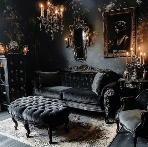 Living Room With Chesterfield Sofa, Luxury Dark Living Room, Gothic Whimsy, Goth Living Room, Gothic Houses, Goth Interior, Casa Rock, Gothic Victorian House, Victorian Ideas