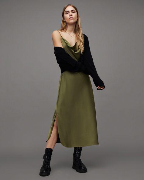 Slip Dress With Jacket, 30th Birthday Dress, Cowl Neck Slip Dress, Protection Symbols, Trendy Date Night Outfit, Dress With Jacket, Green Dress Casual, Pants Linen, Green Cargo Pants