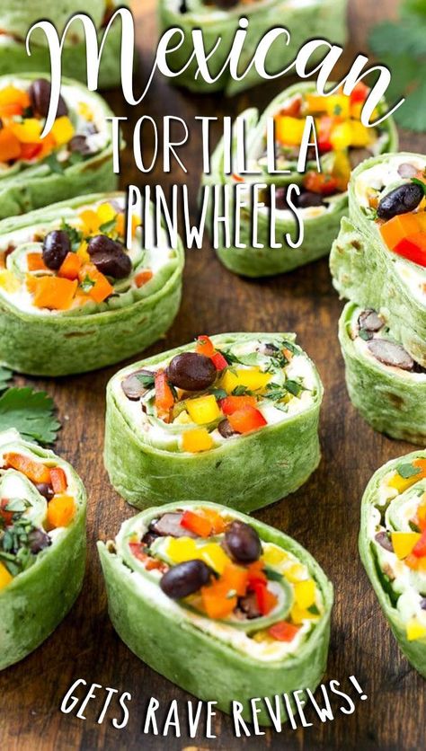 This recipe for Mexican tortilla pinwheels is two types of cheese, black beans and colorful veggies all rolled up inside tortillas and cut into rounds. Mexican Tortilla Pinwheels, Pinwheel Appetizers Mexican, Appetizers Using Tortillas, Black Bean Roll Ups, Mexican Pinwheels Vegetarian, Fancy Mexican Appetizers, Fiesta Pinwheels Recipe, Cold Mexican Appetizers, Light Mexican Appetizers