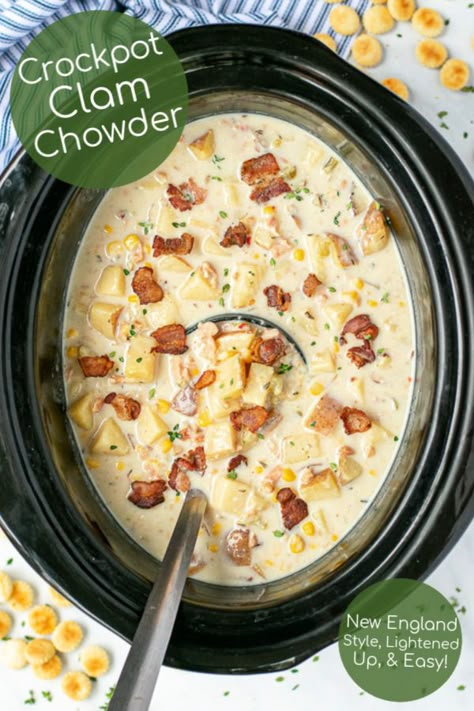 This recipe for Slow Cooker Clam Chowder is a lightened up veggie filled New England style Clam Chowder made so simple in the crockpot with no heavy cream! Light enough for a weeknight dinner and flavorful enough that everyone will be asking for it on a regular basis! #clamchowder #newengland #crockpot Clam Chowder Crockpot, Clam Chowder In Crockpot, Crockpot Clam Chowder Recipe, Slow Cooker Chowder Recipes, New England Clam Chowder Recipe Best, Light Clam Chowder Recipe, Simple Clam Chowder Recipe, Crock Pot Clam Chowder, Slow Cooker Chowder