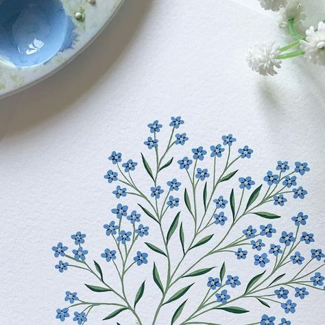 Art By Becky Amelia on Instagram: "Forget-me-nots 🌿 . . . #flowerstagram #wildflowersofinstagram #gouache #watercolor #gouacheillustration #gouachepainting #plantart #tinyflowers #illustrationnow #wildflower #watercolorartist #inspiredbynature #cornwallartist #illustragram #gouacheart #dailypainting #painting #art #illustration #gouachepaint #botanicalart #botanicalpainting #artinspiration #ladieswhopaint #tinypainting #femaleartist #watercolorflorals #floralillustration #flowerillustration #tempuradesign" Pottery Painting Illustration, Wildflower Painted Furniture, Forget Me Not Watercolor Painting, Painted Forget Me Nots, Gouache Botanical Illustration, How To Paint Wildflowers, Forget Me Not Flowers Painting, Wildflower Canvas Painting, Pottery Vase Painting Ideas