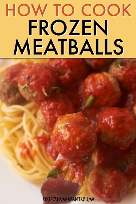 Learn how to make frozen meatballs using your favorite appliance. Frozen meatballs are delicious and versatile, and they are ready quickly. Enjoy them over pasta or rice, on sandwiches, as a meal, or as a tasty appetizer. Meatballs can be topped with various sauces and are perfect for any occasion. This complete guide will so you how to cook frozen meatballs on stovetop, in the crockpot, air fryer, or oven. Click through to get this awesome how to cook frozen meatballs guide!! #frozenmeatballs Frozen Meatballs And Spaghetti, Frozen Meatballs Stovetop, Meatballs In Crockpot Frozen, Frozen Meatballs Spaghetti, Frozen Meatball Spaghetti Recipes, Spaghetti And Frozen Meatballs, Frozen Meatballs In Oven, Recipe For Frozen Meatballs, Spaghetti With Frozen Meatballs