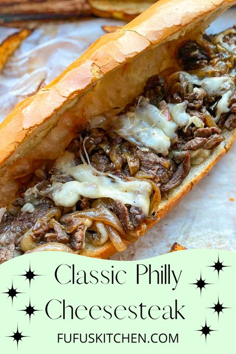 30 minutes ~ Serves 3 ~ This is the best Classic Philly Cheesesteak out there and it is supe easy to make! It uses skirt steak and provolone cheese but feel free to use any other cheese you like. The thing that sets this cheesesteak apart is the garlic and butter I use to coat the hoagies. Make one for dinner tonight and take one to lunch tomorrow! #fufuskitchen #30minutemeals #easymeals #phillycheesesteak Authentic Philly Cheese Steak Recipe, Steak And Cheese Sub, Cheesesteak Sandwich, Steak Sandwich Recipes, Philly Cheese Steak Recipe, Cheesesteak Recipe, Cheese Steak Sandwich, Cheese Steak, Philly Cheese