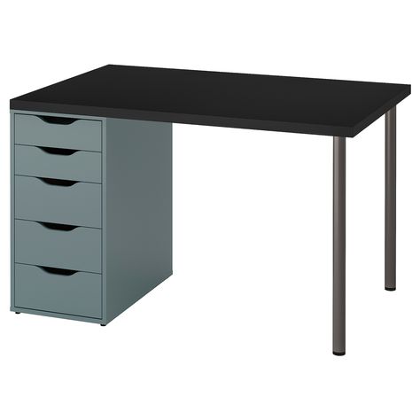 Mix and match your choice of table top and legs – or choose this ready-made combination. Strong and light-weight, made with a technique that uses less raw materials, reducing the impact on the environment. MÅLVAKT / ALEX Desk Color:Black/grey-turquoise Alex Desk, Alex Drawer, Desk Size, Plastic Foil, Grey Desk, Plastic Edging, Glass Desk, Big Desk, Craft Desk