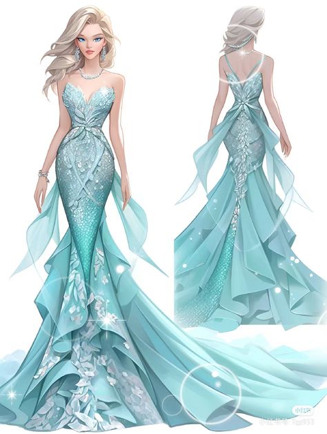 Ice Dress Drawing, Ocean Dress Design, Water Dress Drawing, Water Outfit, Water Dress, Little Mermaid Dresses, Digital Dress, Dress Illustration, Fantasy Dresses