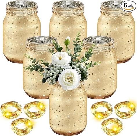 Amazon.com: Layhit 6 Pcs Painted Mason Jars Colored Painted Mason Jars Decorative Mason Jars Centerpiece for Table Glass Decorative Jar with 6 Pcs 9.84 ft 30 LED Battery Operated Fairy Lights for Wedding (Gold) : Home & Kitchen Fairy Lights For Wedding, Decorative Mason Jars, Lights For Wedding, Centerpiece For Table, Gold Jars, Solar Mason Jars, Table Centerpieces For Home, Lighted Centerpieces, Gold Wedding Favors