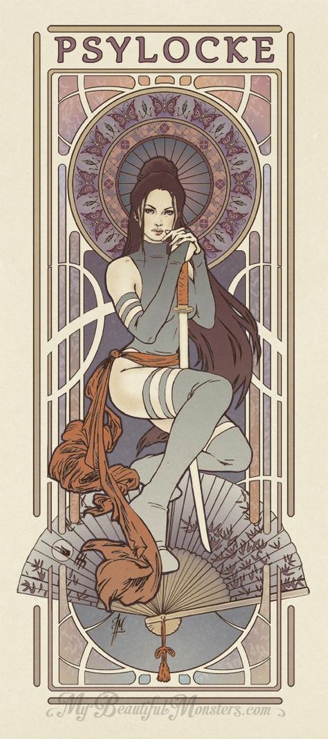 Psylocke Art, Bd Art, Alfons Mucha, Art Nouveau Illustration, Art Nouveau Poster, Deviant Art, Geek Art, Art Nouveau Design, Alphonse Mucha