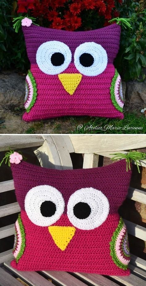 Owl Pillow Pattern, Crochet Owl Pillows, Crocheted Pillows, Crochet Cushion Covers, Cushion Crochet, Crochet Pillow Patterns Free, Crochet Cushion Pattern, Owl Cushion, Owl Crochet