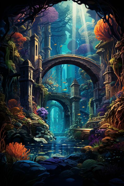 Fantasy Place Art, Fantasy Underwater Art, Sea Fantasy Art, Fantasy Ocean, Underwater World Art, Underwater Scene, Underwater Garden Art, Underwater Castle, Underwater City Fantasy Art