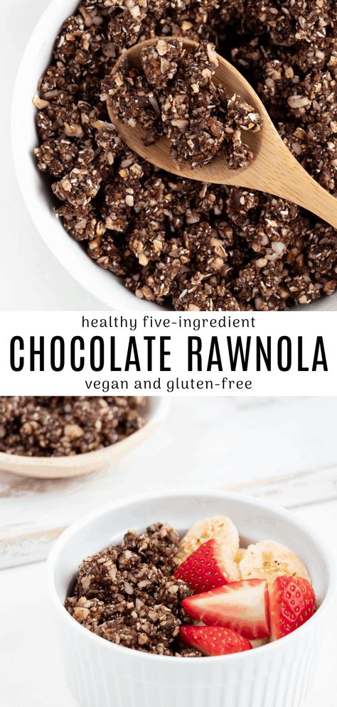 This chocolate rawnola recipe is healthy, vegan, and gluten-free! It's made in just 5 minutes with 5 ingredients. Enjoy a bowl of raw granola topped with fresh fruit and plant milk or as a topping for smoothie bowls, yogurt, and oatmeal. #rawnola #vegan #recipe #chocolate #breakfast #bowl #glutenfree Raw Recipes Vegan, Raw Fruit Recipes, Raw Pear Recipes, Raw Breakfast Ideas, Raw Vegan Breakfast Ideas, Raw Food Breakfast Ideas, Raw Vegan Breakfast Recipes, Vegan Raw Recipes, Raw Breakfast Recipes