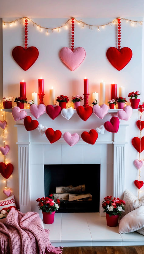 Romantic Decorating Ideas For Valentine's Day Valentine Special Ideas, Valentine’s Day Decor Aesthetic, Fireplace Valentine Decor Mantle Ideas, Valentines Decor Mantle, Valentine Cabinet Decor, Valentines Decorations For Party, Sweetheart Banquet Ideas Church, Handmade Valentine Decorations, Valentines Gifts Idea