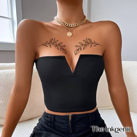 27 Elegant Chest Tattoos For Women To Elevate Their Beauty Tattoos For Growth And Change, Clavical Tattoos Women, Small Tattoos Minimalist, Foliage Tattoo, Tattoo Designs Unique, Tattoos Floral, Tattoos Watercolor, Henna Style Tattoos, Floral Tattoos