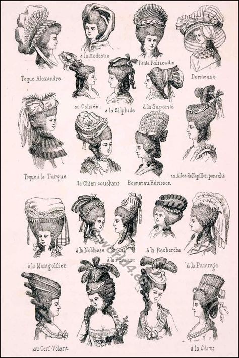 Coiffures 18th century. Various Rococo headdresses and hairstyles. 1982 Hairstyles, 1992 Hairstyles, 1996 Hairstyles, Rococo Hairstyles, 18th Century Hairstyles, Rose Bertin, 18th Century Hair, 18th Century Wigs, 18th Century Hats