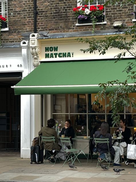 Matcha cafe in London Green Shop Front Design, Matcha Cafe Interior Design, Matcha Shop Design, Matcha Shop Aesthetic, Matcha Cafe Interior, Healthy Cafe Design, Matcha Cafe Aesthetic, Green Cafe Aesthetic, Matcha Moodboard