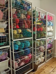 a smaller version of this would be perfect for my mom and helping her organize her yarn -- found out that this is the Antonius system from Ikea: http://www.ikea.com/us/en/catalog/products/S19876454/ Yarn Shelf Storage Diy, Ikea Antonius, Organizing Yarn, Organize Yarn, Yarn Storage Ideas, Yarn Room, Crochet Room, Weaving Studio, Knitting Room