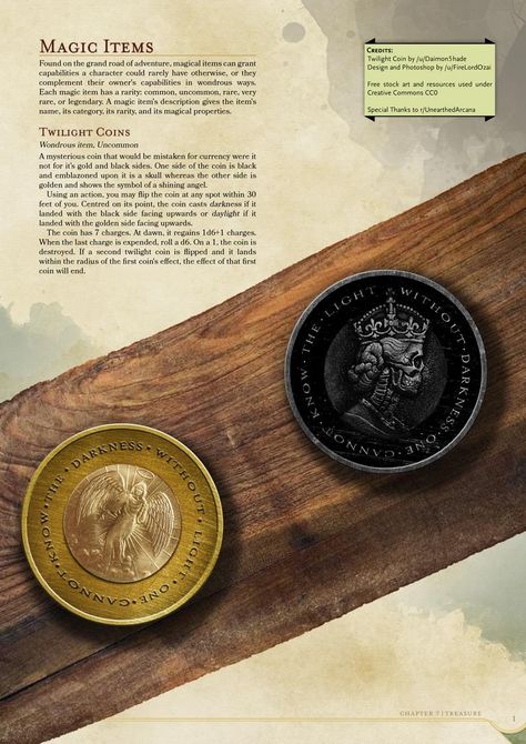 [Magic Item|Illustration] The Twilight Coin by /u/Daimon5hade Item Illustration, 5e Monsters, Dungeons And Dragons Rules, Magic Coins, Dungeons And Dragons Races, Dungeon Master's Guide, D D Items, Dungeons And Dragons Classes, Dnd 5e Homebrew