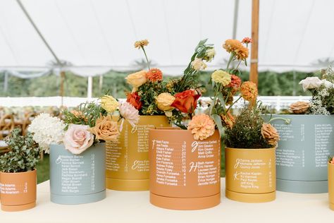 Calligraphy seating chart on ceramic flower pots in rust, marigold, and blue sage. Colorful Seating Chart, Farm Photography, Sage Wedding, New England Wedding, Pinch Me, Flower Band, Ceramic Flower Pots, Garden Party Wedding, Maine Wedding