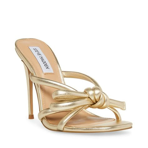 Designer Strappy Heels, Gold Slip On Heels, Preppy High Heels, Cute Gold Heels, Gold Bow Heels, Gold Prom Heels, Prom Shoes Gold, Gold Formal Shoes, Grad Heels