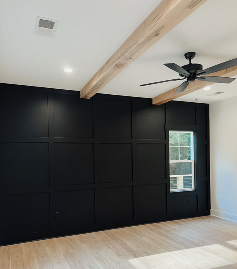 Black Wall Rustic Bedroom, Black Panel Accent Wall Bedroom, Master Bedrooms Decor Black Wall, Master With Dark Accent Wall, Bedroom Window Accent Wall, Black Square Accent Wall, Black Accent Wall With Wood Trim, Bedroom Accent Wall Pitched Ceiling, Black Panelled Wall Bedroom