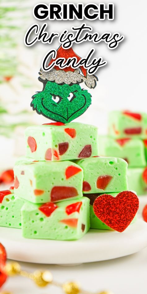 grinch christmas nougat candy on white tray Grinch Fudge Easy, Grinch Fudge Recipe, Grinch Treats For Kids, Grinch Inspired Food, Grinch Christmas Food, Grinch Cookie Cake, The Grinch Treats For Kids, Christmas Candy Ideas, Cute Christmas Desserts Grinch